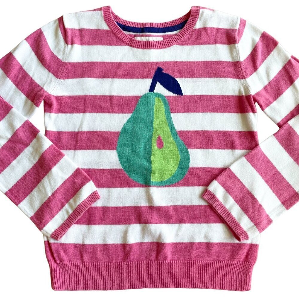 Mini Boden Girl's 100% Cotton Pink & White Striped Pear Fruit Sweater - Size 7-8